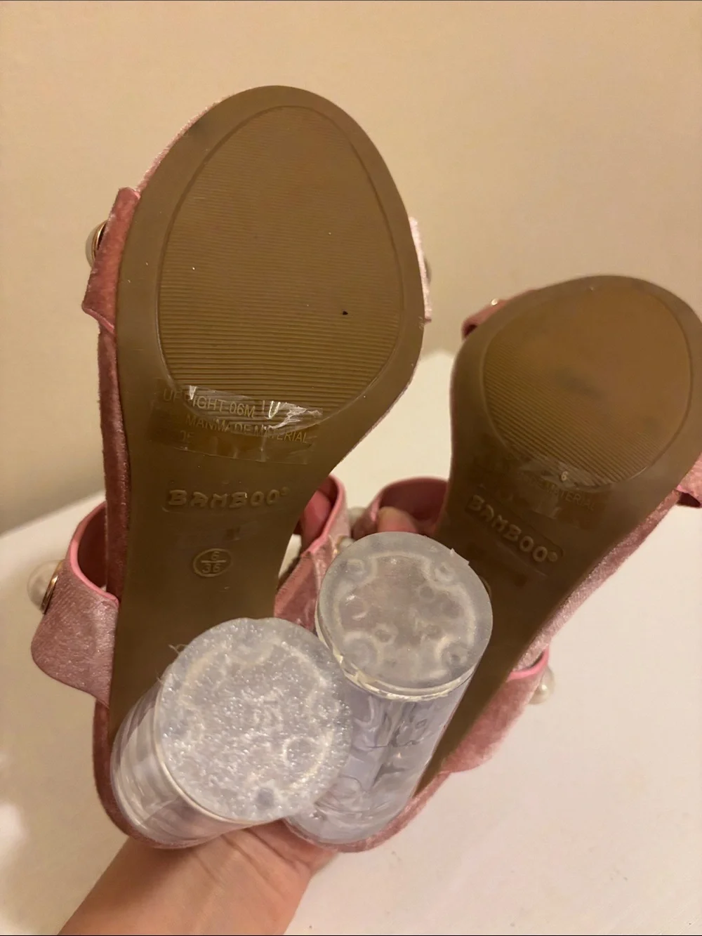 BAMBOO Pink Velvet Slide Heels with Pearl Accents